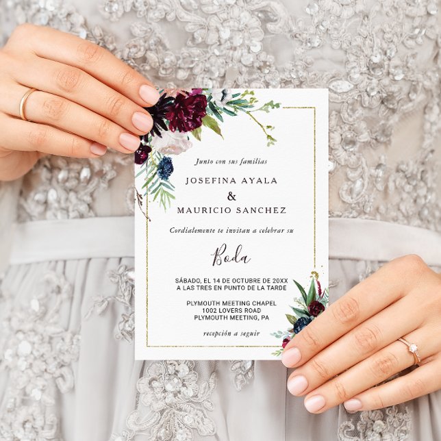 Convites Casamento Espanhol Floral de Blush do Marinho Burg (Criador carregado)