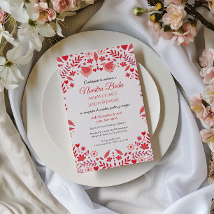 Convites Casamento Espanhol Floral Elegante Rosa Vermelho