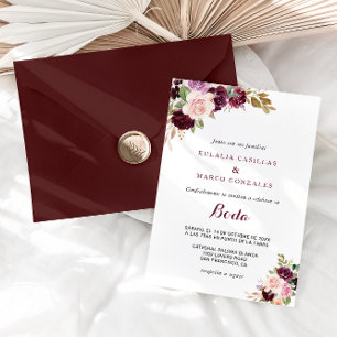Convites Casamento Espanhol Floral Verde Borgonha