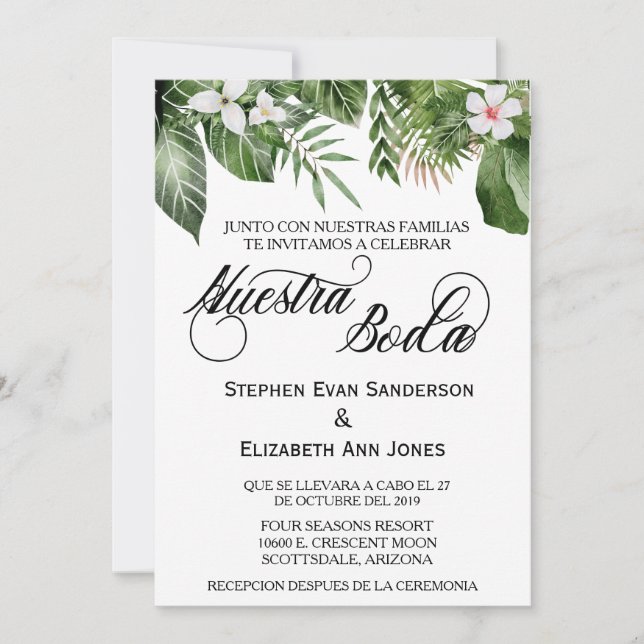Convites Casamento Espanhol Folhas Tropicais Nossa Boda (Frente)