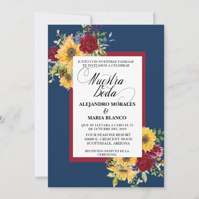 Convites Casamento Espanhol Girassol Borgonha Nossa Boda (Frente)