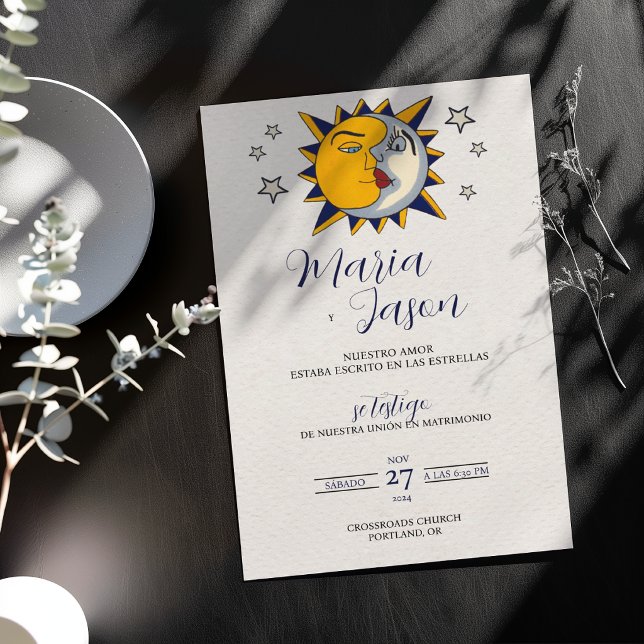 Convites Casamento Espanhol Místico Celestial Sol Lua Estre (Sun Moon Stars Mystical Celestial Spanish Wedding Invitation)