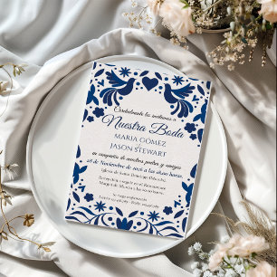 Convites Casamento Espanhol Otomi Azul Floral Elegante Fies