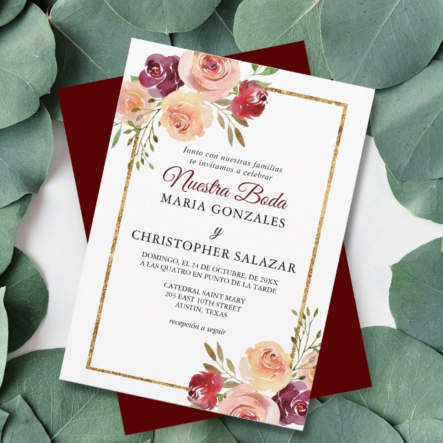 Convites Casamento Espanhol Roja Oro Flores Boda Elegante (Criador carregado)