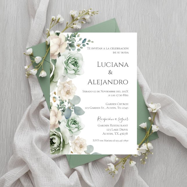 Convites Casamento Espanhol Sage Greenery (Criador carregado)