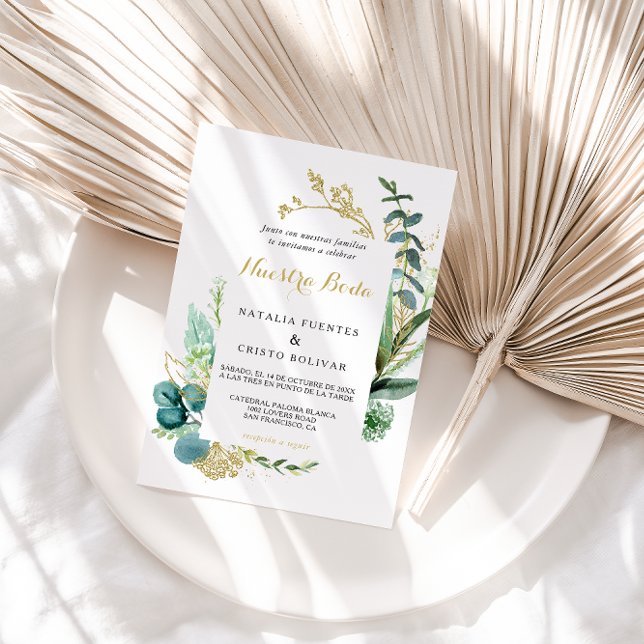 Convites Casamento espanhol Vintage Dourado e Verde Eucalyp (Criador carregado)