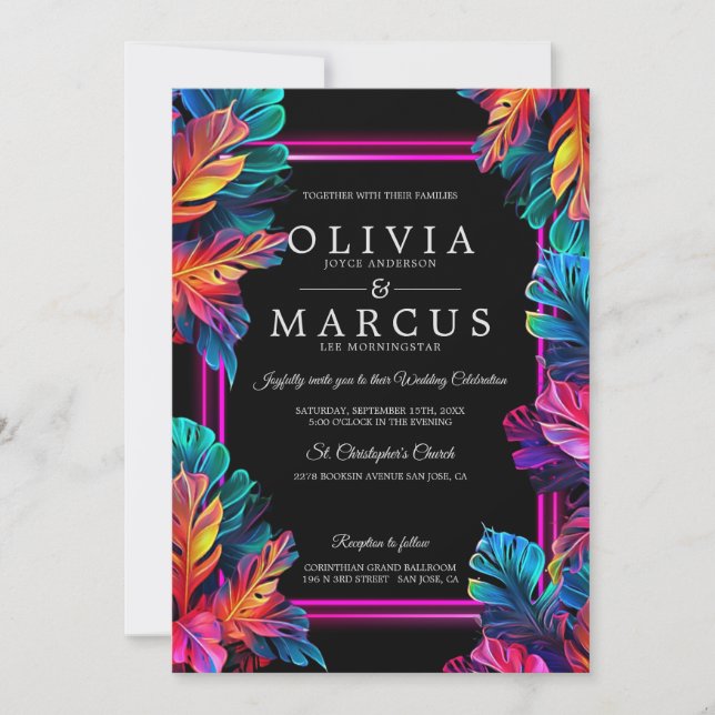 Convites Casamento | Espetacular Folhagem Tropical Neon (Frente)