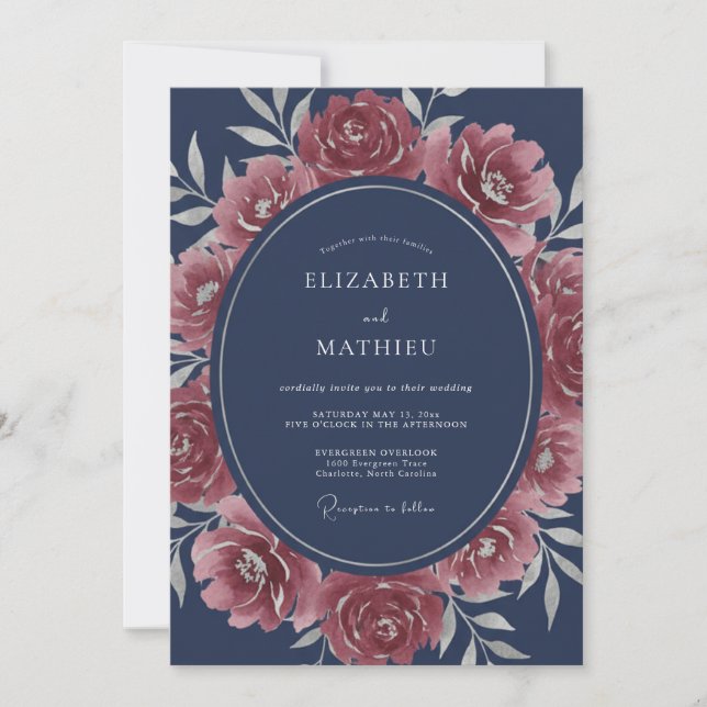 Convites Casamento Esplêndido Rosa Azul Marinho (Frente)