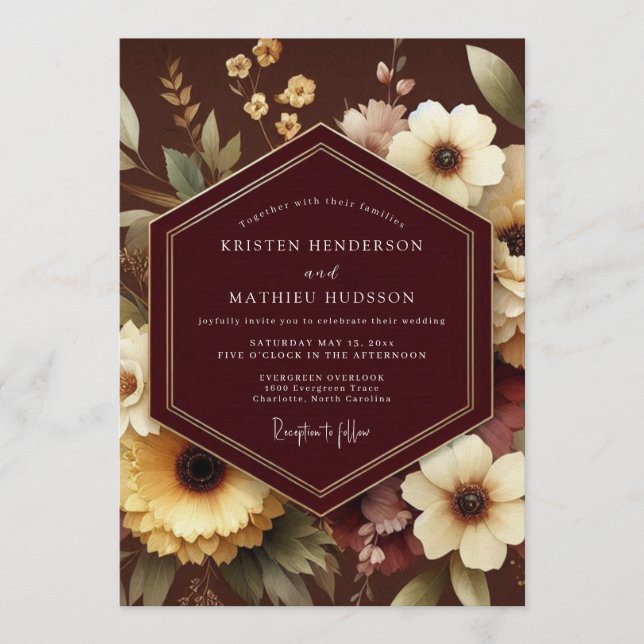 Convites Casamento Espresso Dourado em Flor (Frente)