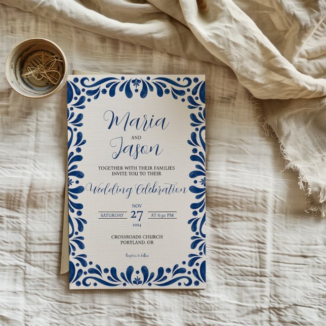 Convites Casamento Estético de Boda Clássico Azul Mexicano (Mexican Blue Floral Classic Aesthetic Boda Wedding Invitation)
