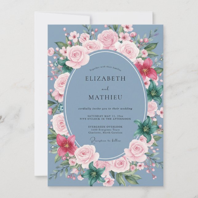 Convites Casamento Estético Floral Azul Empoeirado (Frente)
