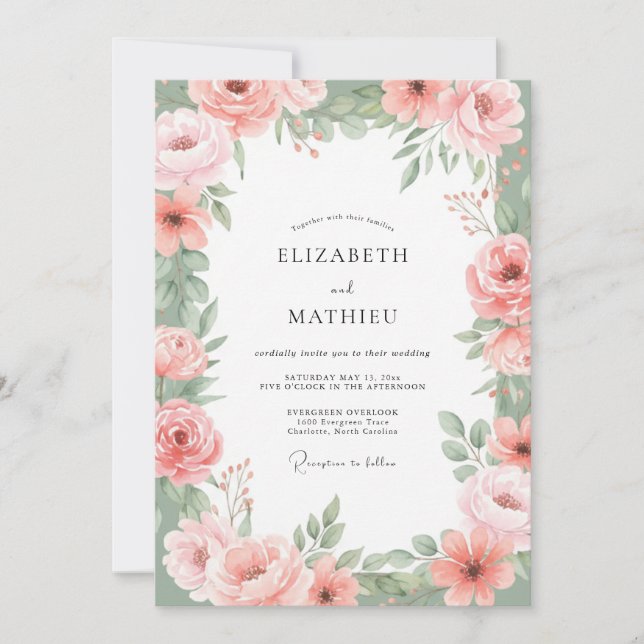 Convites Casamento Estético Floral Blush (Frente)