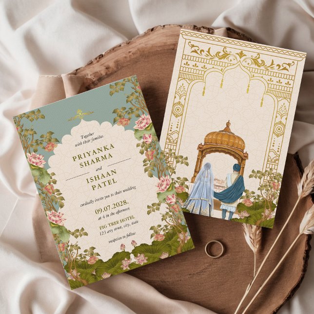 Convites Casamento Estético Floral do Arch Indiano (Indian Wedding Invitation Floral Teal Lotus Roses Gold Punjabi Hindu Wedding)