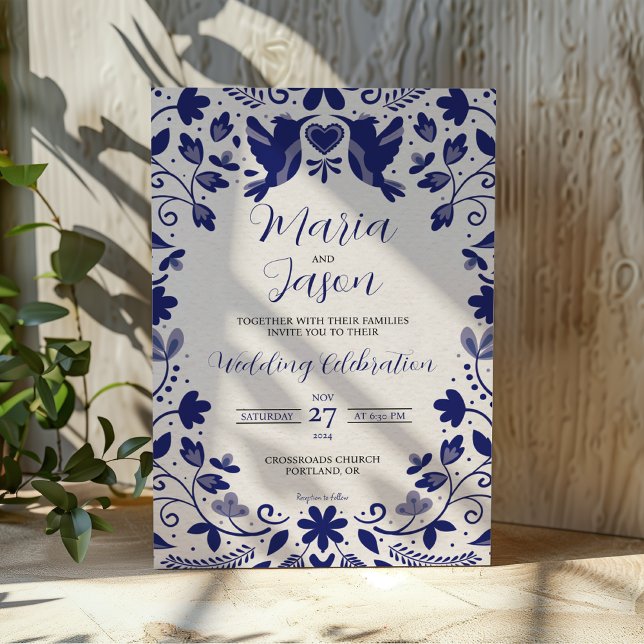 Convites Casamento Estético Romântico Azul Mexicano (Mexican Blue Floral Romantic Aesthetic Wedding Invitation)