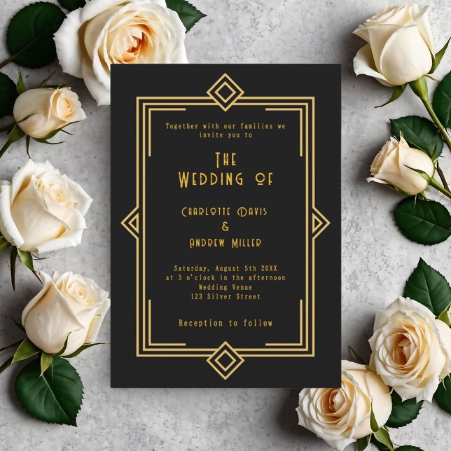 Convites Casamento estilo art déco em ouro preto (Criador carregado)