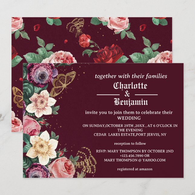 Convites Casamento estilo vitoriano com flores em burgundy  (Frente/Verso)