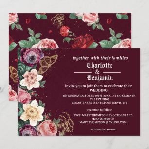 Convites Casamento estilo vitoriano com flores em burgundy