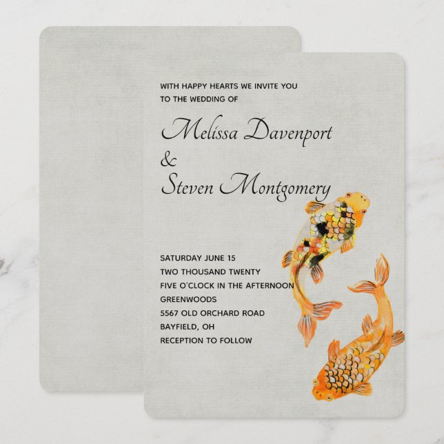 Convites Casamento Estiloso Peixe Koi Dourado (Frente/Verso)