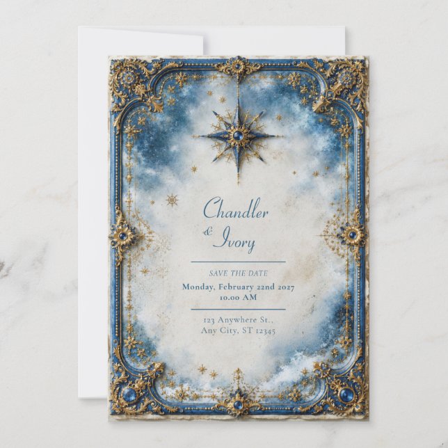 Convites Casamento Estrela Azul Dourada (Frente)