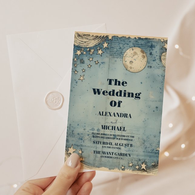 Convites Casamento Estrela do Espaço Azul Vintage Universo (Criador carregado)