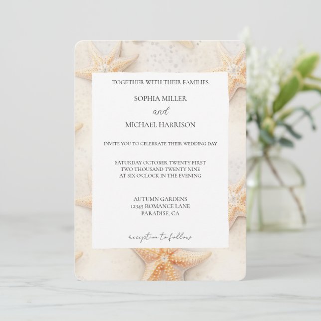 Convites Casamento Estrela-do-Mar Creme Marfim Praia (Em pé/Frente)