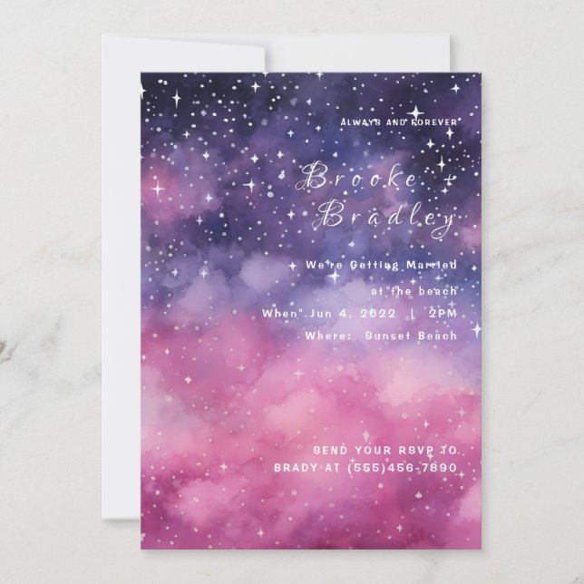Convites Casamento Estrela Galáxia Rosa Roxo (Frente)