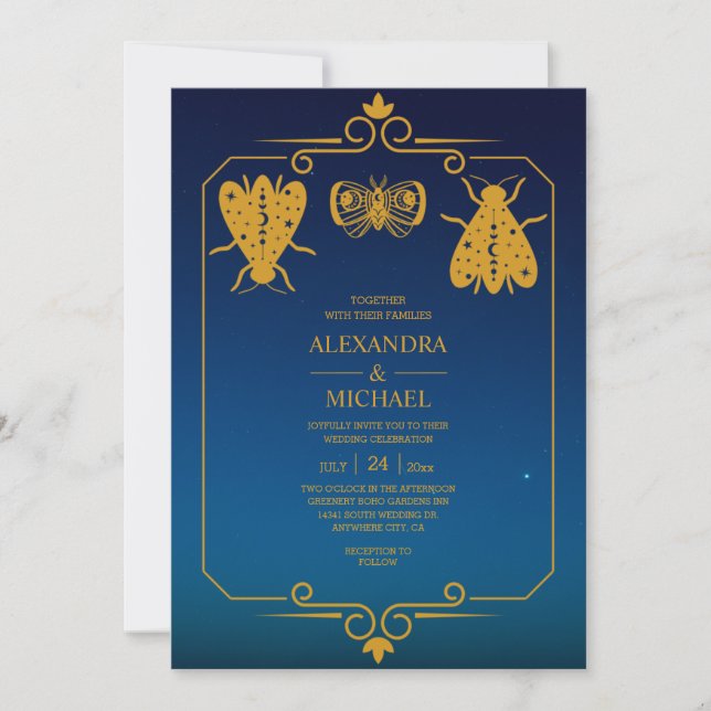 Convites Casamento Estrelas Celestiais Dourado Azul Místico (Frente)