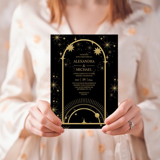Convites Casamento Estrelas Celestiais Ouro Preto Místico  (Criador carregado)