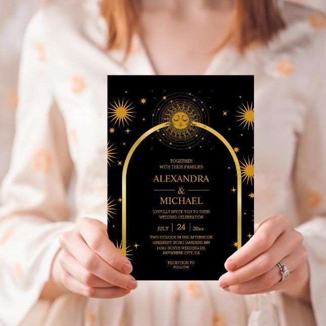 Convites Casamento Estrelas Celestiais Ouro Preto Místico  (Criador carregado)