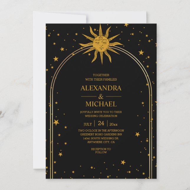 Convites Casamento Estrelas Celestiais Ouro Preto Místico (Frente)