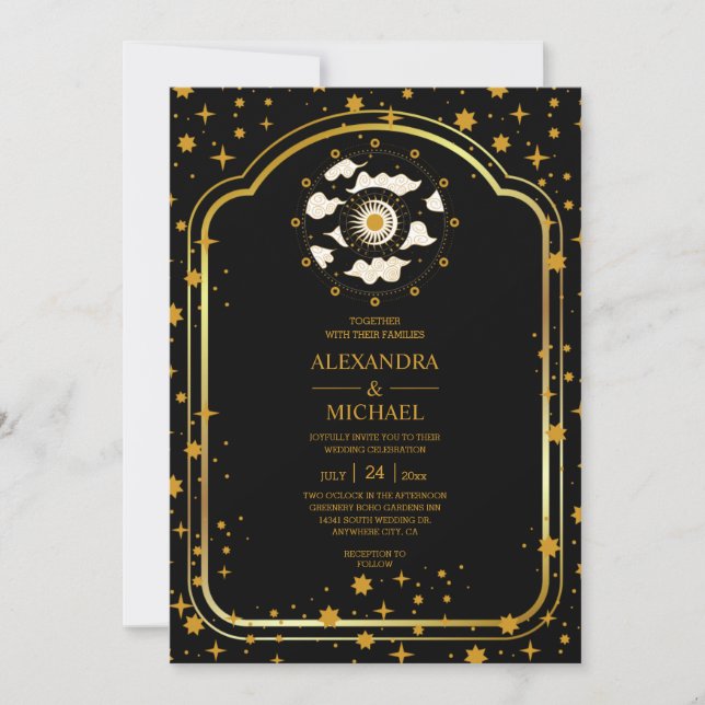 Convites Casamento Estrelas Celestiais Ouro Preto Místico   (Frente)