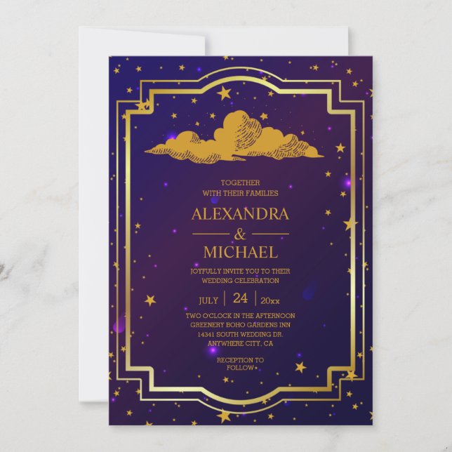 Convites Casamento Estrelas Celestiais Rosa Azul Místico  (Frente)