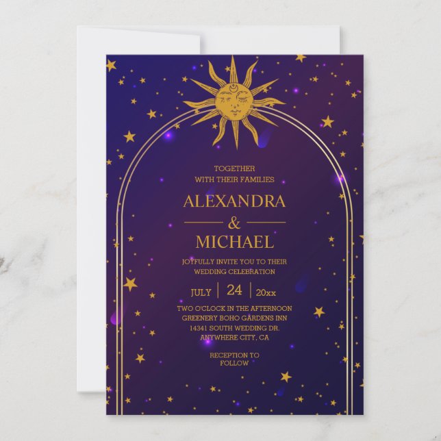 Convites Casamento Estrelas Celestiais Rosa Azul Místico (Frente)