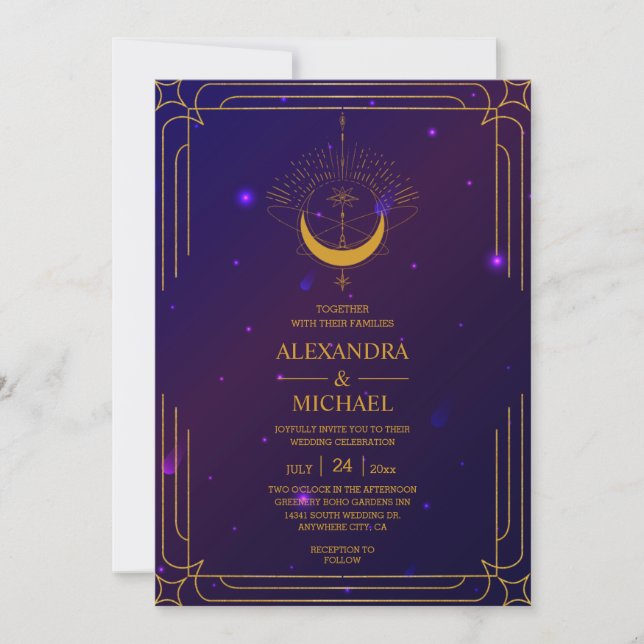 Convites Casamento Estrelas Celestiais Rosa Azul Místico  (Frente)