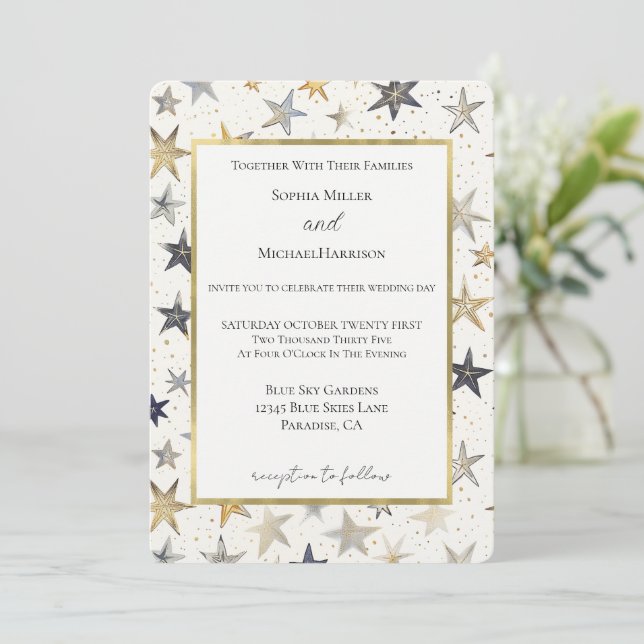 Convites Casamento Estrelas de Prata Azul e Dourado (Em pé/Frente)