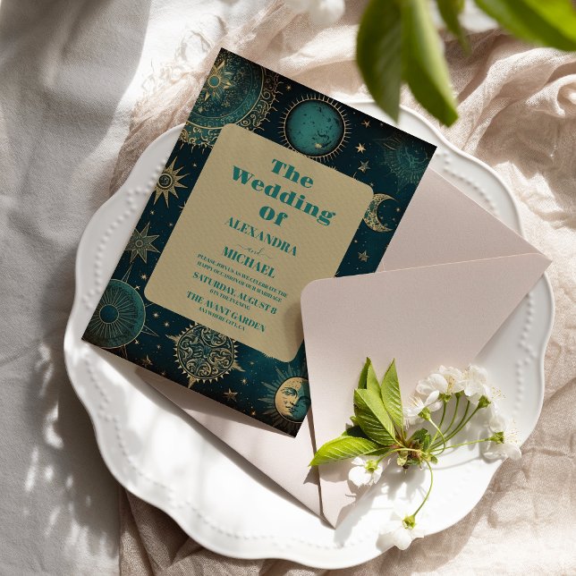 Convites Casamento Estrelas Douradas Verde Meia-Noite Celes (Criador carregado)