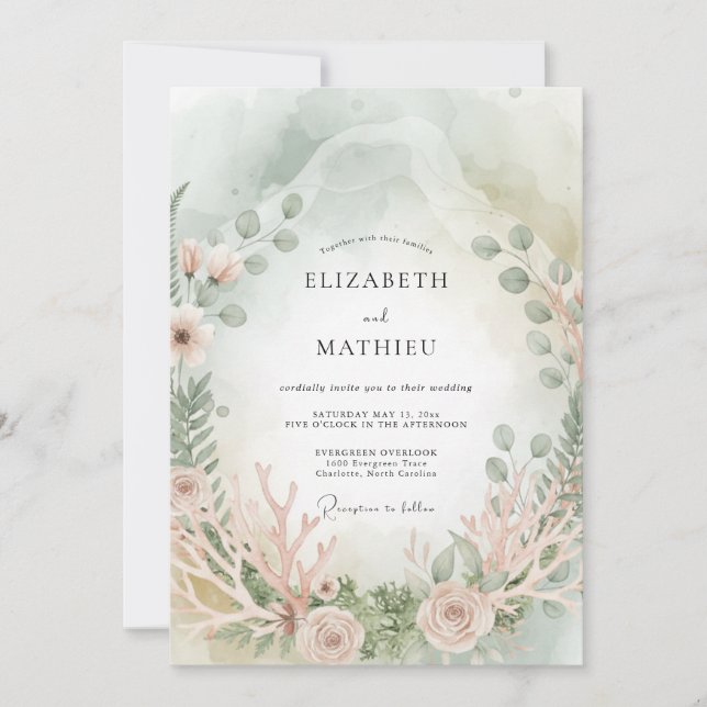 Convites Casamento Etéreo à Beira-Mar com Espuma do Mar (Frente)