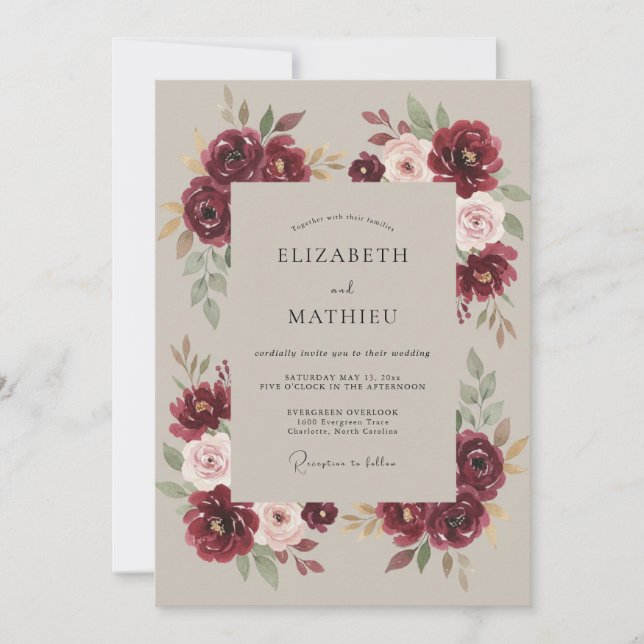 Convites Casamento Etéreo Burgundy Bloom (Frente)