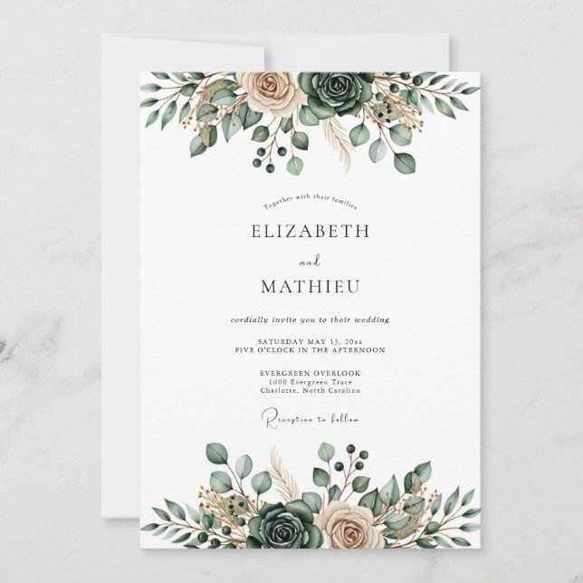 Convites Casamento Etéreo com Florescer em Verde Sage (Frente)