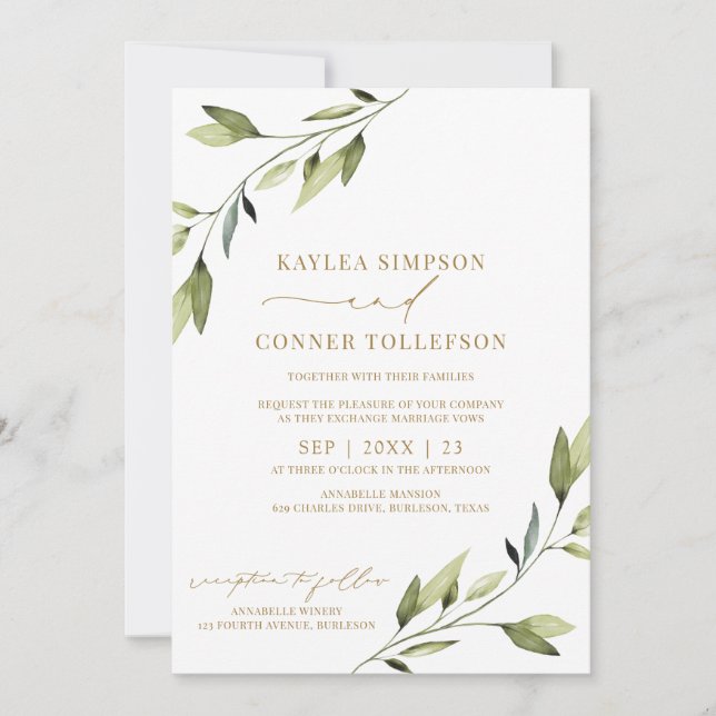 Convites Casamento Etéreo Conto de Fadas Verde Dourado Folh (Frente)