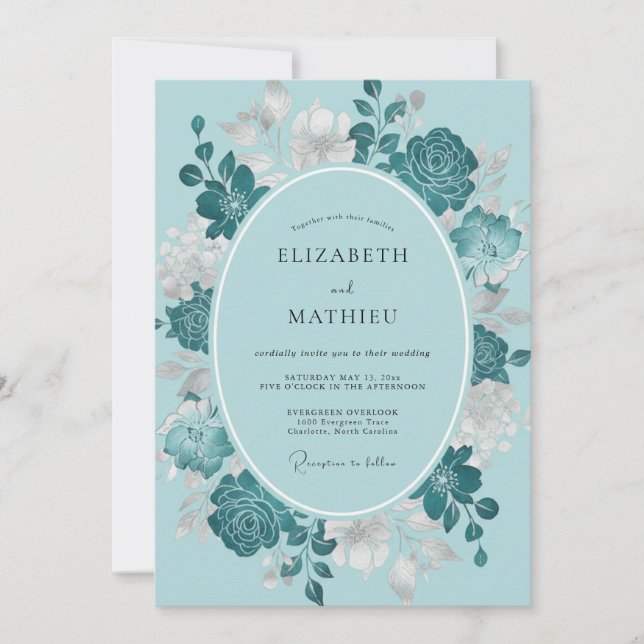 Convites Casamento Etéreo de Inverno Azul Teal (Frente)