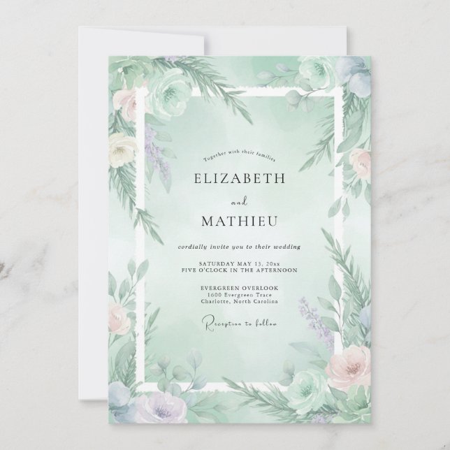 Convites Casamento Etéreo de Inverno em Verde Limão (Frente)