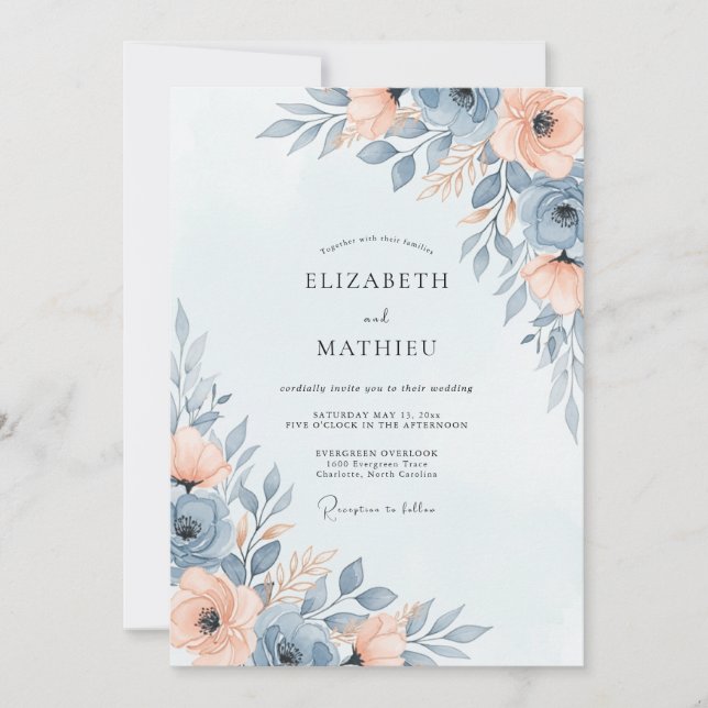 Convites Casamento Etéreo de Primavera Azul Ardósia (Frente)