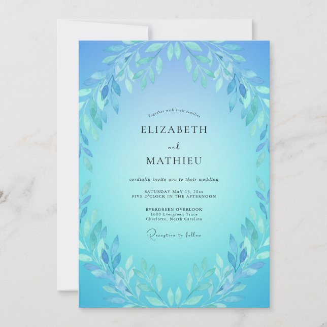 Convites Casamento Etéreo de Primavera Azul Azure (Frente)