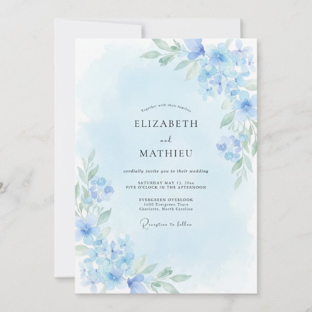 Convites Casamento Etéreo de Primavera Azul-Celeste (Frente)