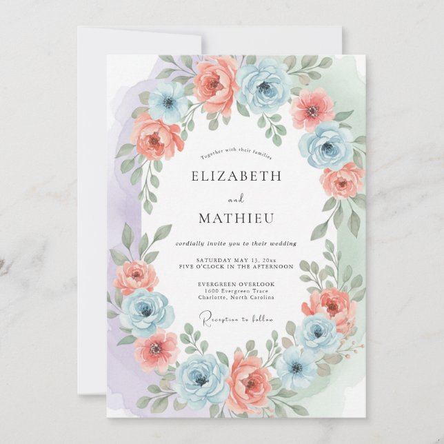 Convites Casamento Etéreo de Primavera Azul Salmão (Frente)