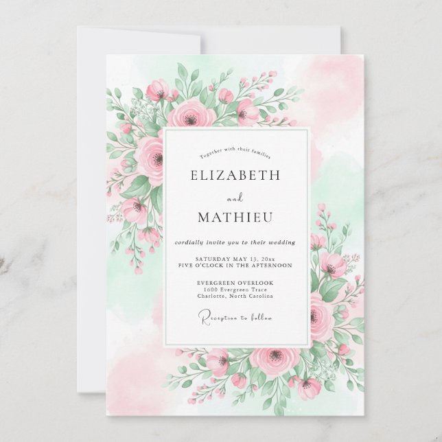 Convites Casamento Etéreo de Primavera com Rosa e Hortelã (Frente)