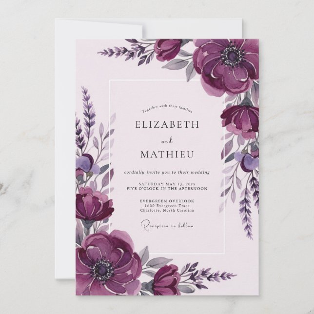 Convites Casamento Etéreo de Primavera com Roxo Fundo (Frente)