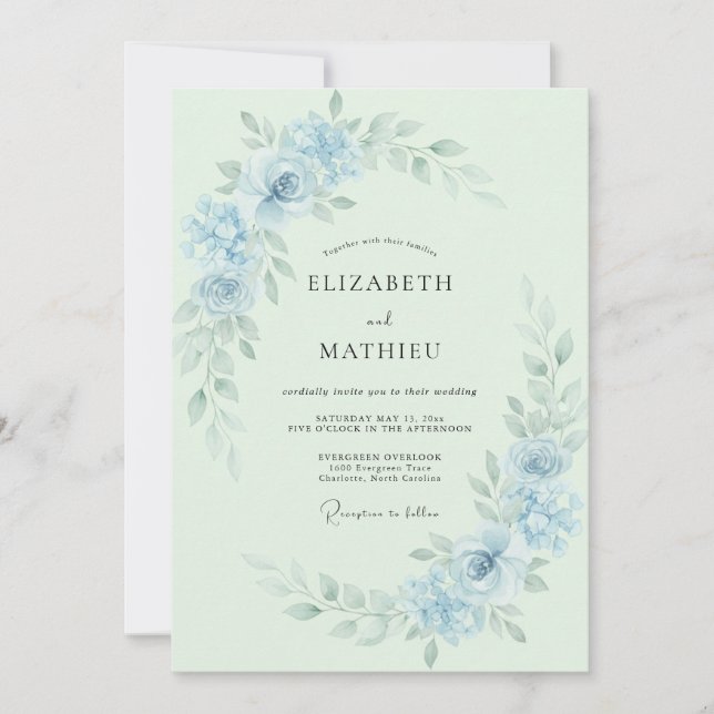 Convites Casamento Etéreo de Primavera em Azul Pó (Frente)