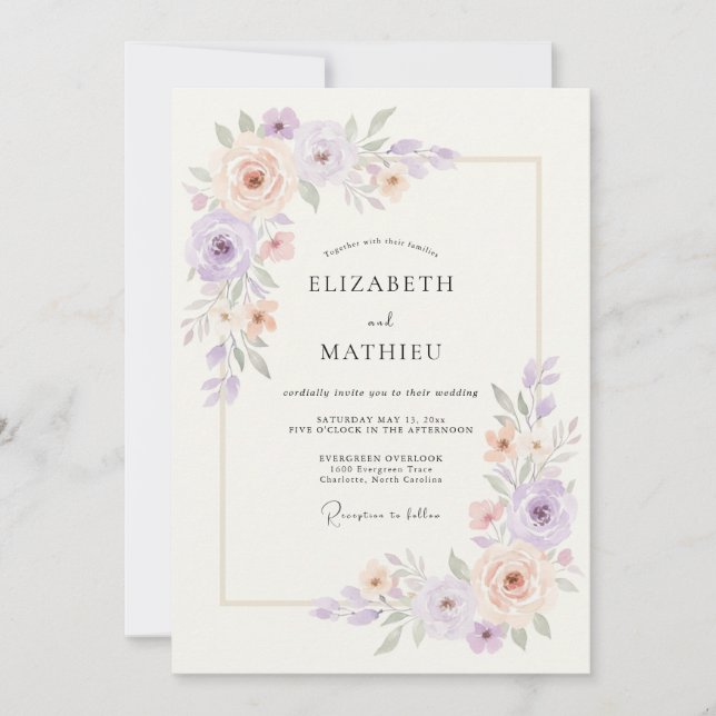 Convites Casamento Etéreo de Primavera Lavanda Pêssego (Frente)